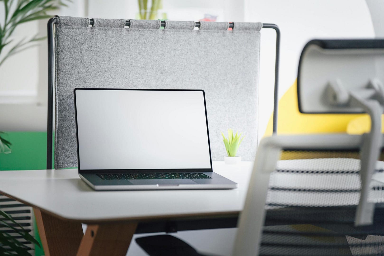A contemporary office setup featuring a laptop, office chair, and a potted plant on a desk.